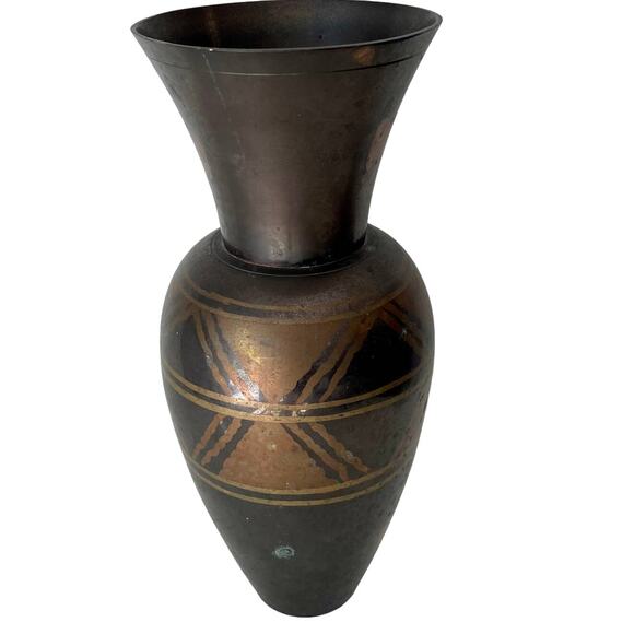BRASS Vase Natural Patina Tri Color Aged Aztec or Native Amer. Indian Design - Picture 5 of 8